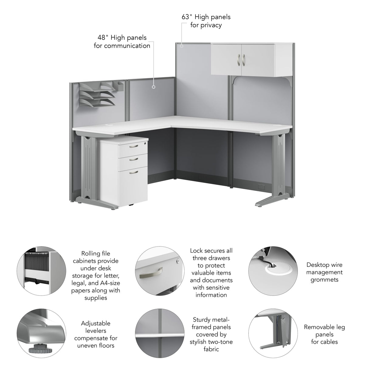 Office in an Hour L Shaped Cubicle Desk with Storage, Drawers