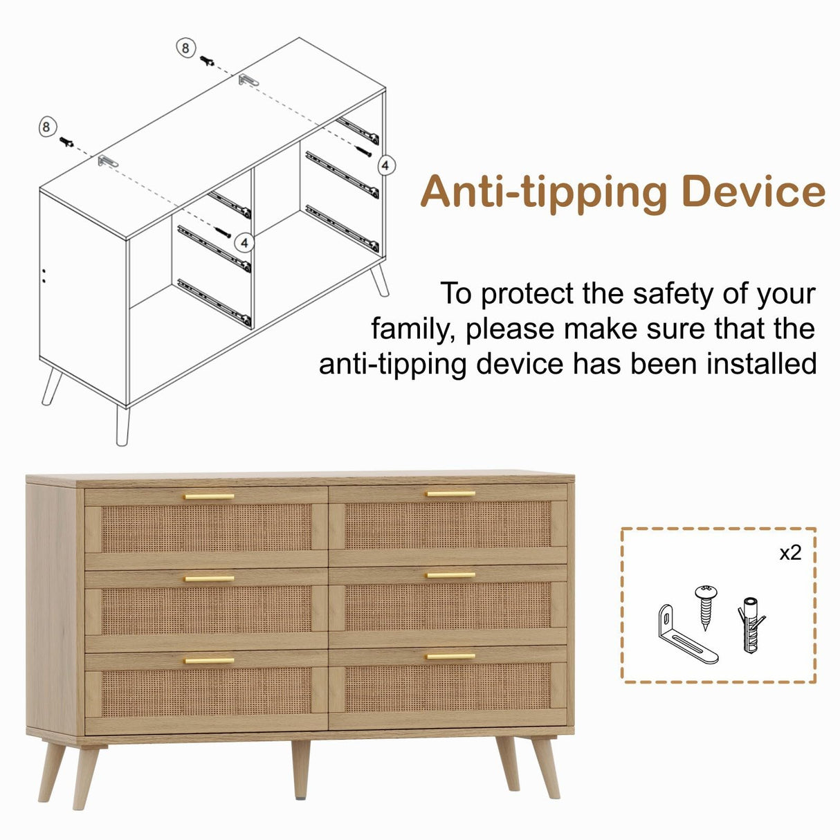 6 Drawer Double Dresser for Bedroom, Rattan Chest of Dressers