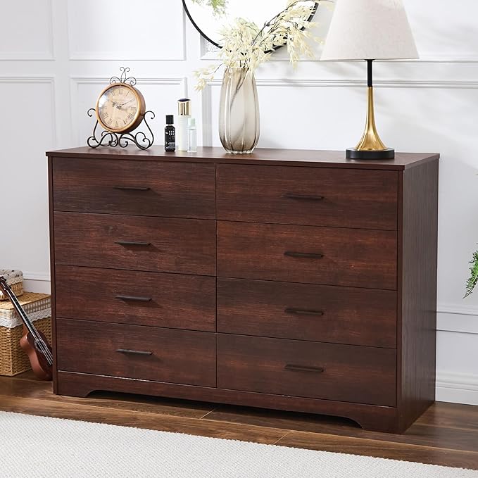 Black Dresser for Bedroom Wooden, 8 Drawer Dressers & Chests of Drawers, Modern Wood Tall Dresser, 48 Inches Wide Chest of Drawers for Bedroom, Hallway, Living Room