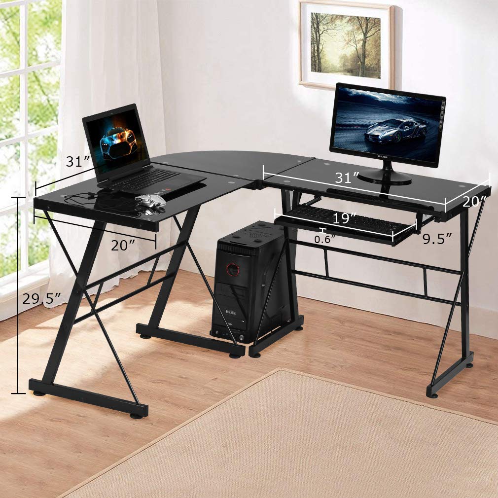 Computer Desk Gaming Desk L Shaped Corner Desk Home Office Writing Workstation Toughened Glass Study Keyboard CPU Stand PC Modern Table for Small Spaces,Black