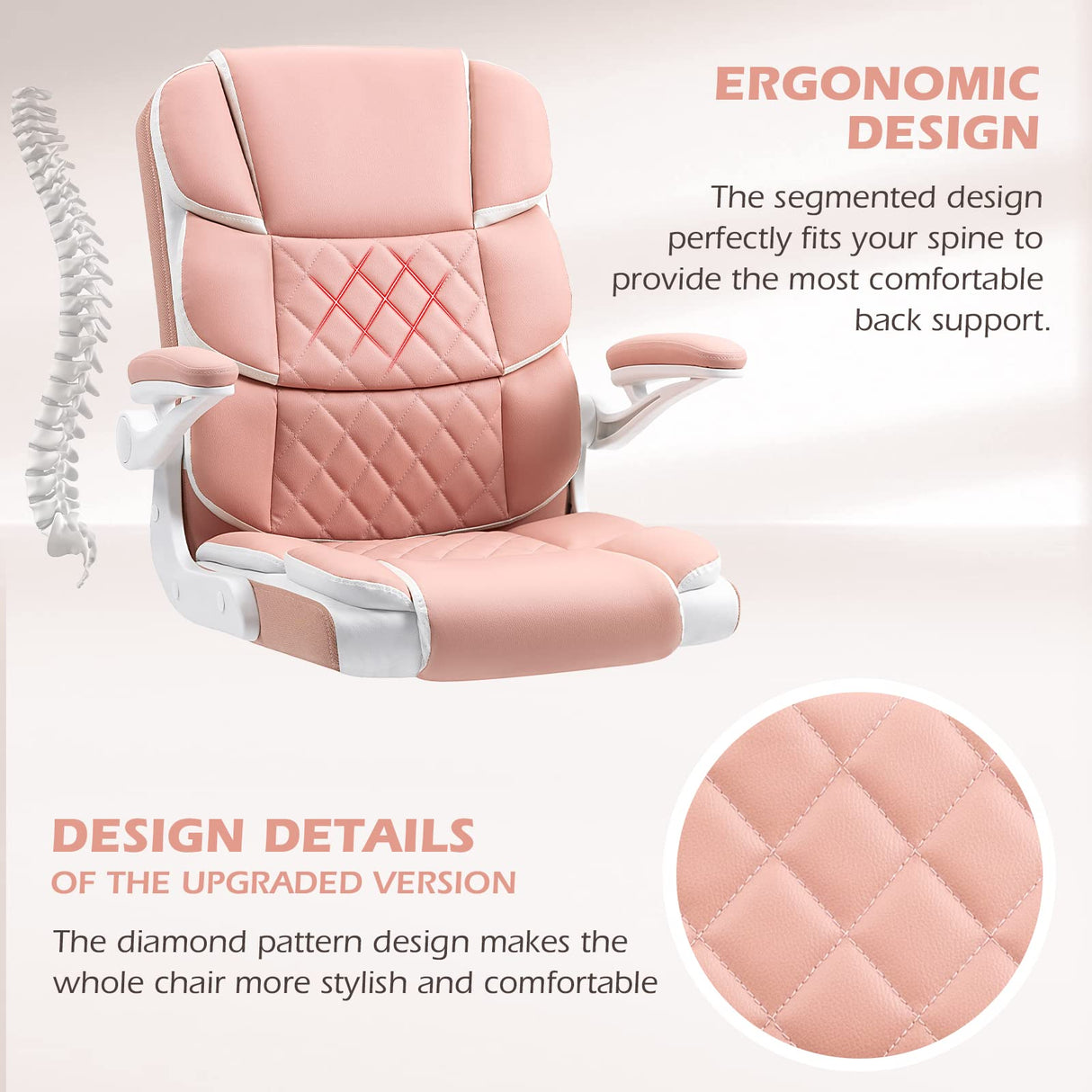 Ergonomic Office Chair Pink PU Leather Desk Chairs Computer Chair with Wheels