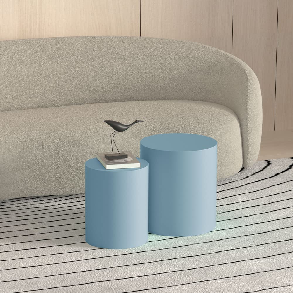 Nesting Coffee Table Set of 2, Blue Round Wooden Nesting Tables Modern Circle Table