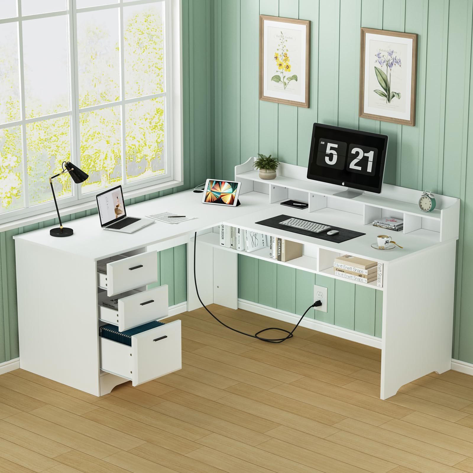 White L Shaped Desk with Drawers, Large L Shaped Desk Corner Computer Desk