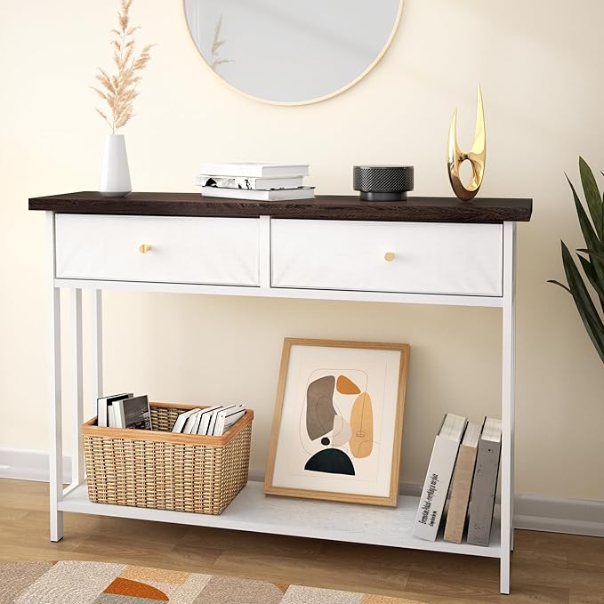 Solid Wood Console Table with 2 Fabric Drawers, 42" Entryway Table