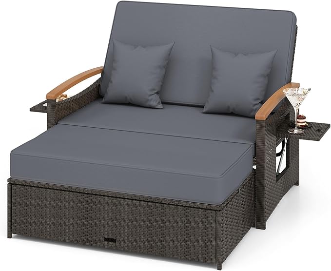 Moccha Outdoor Wicker Daybed, Patio Rattan Loveseat Sofa w/ 4-Level Adjustable