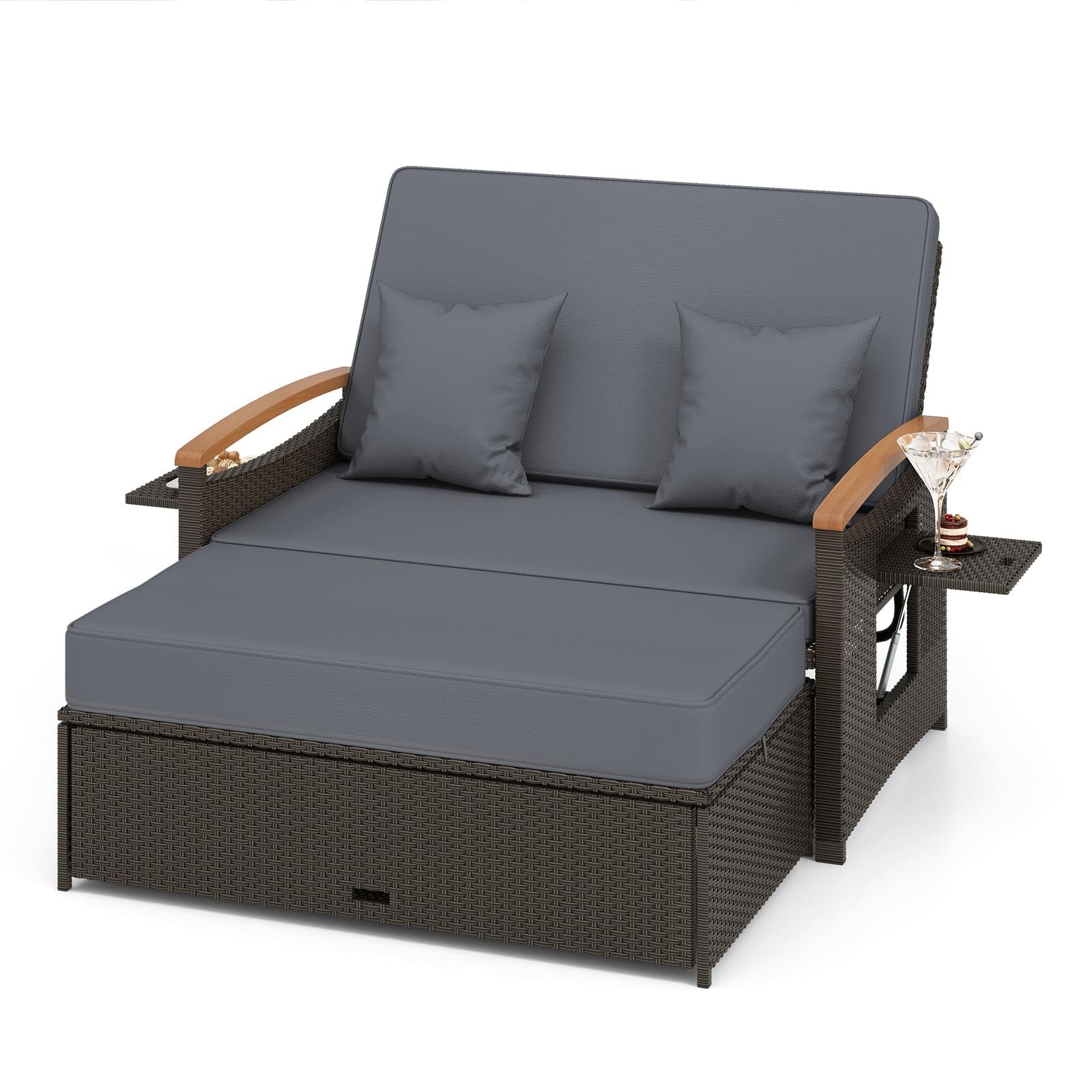Moccha Outdoor Wicker Daybed, Patio Rattan Loveseat Sofa w/ 4-Level Adjustable