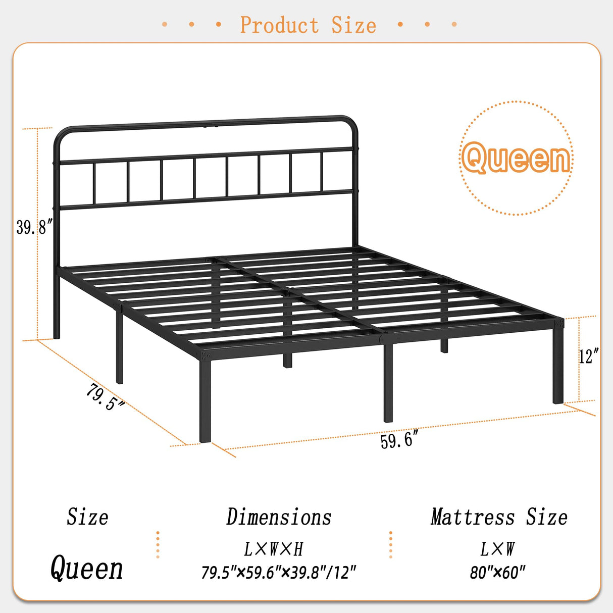 12-Inch Queen Bed Frame with Minimalist Headboard - Black Metal Platform