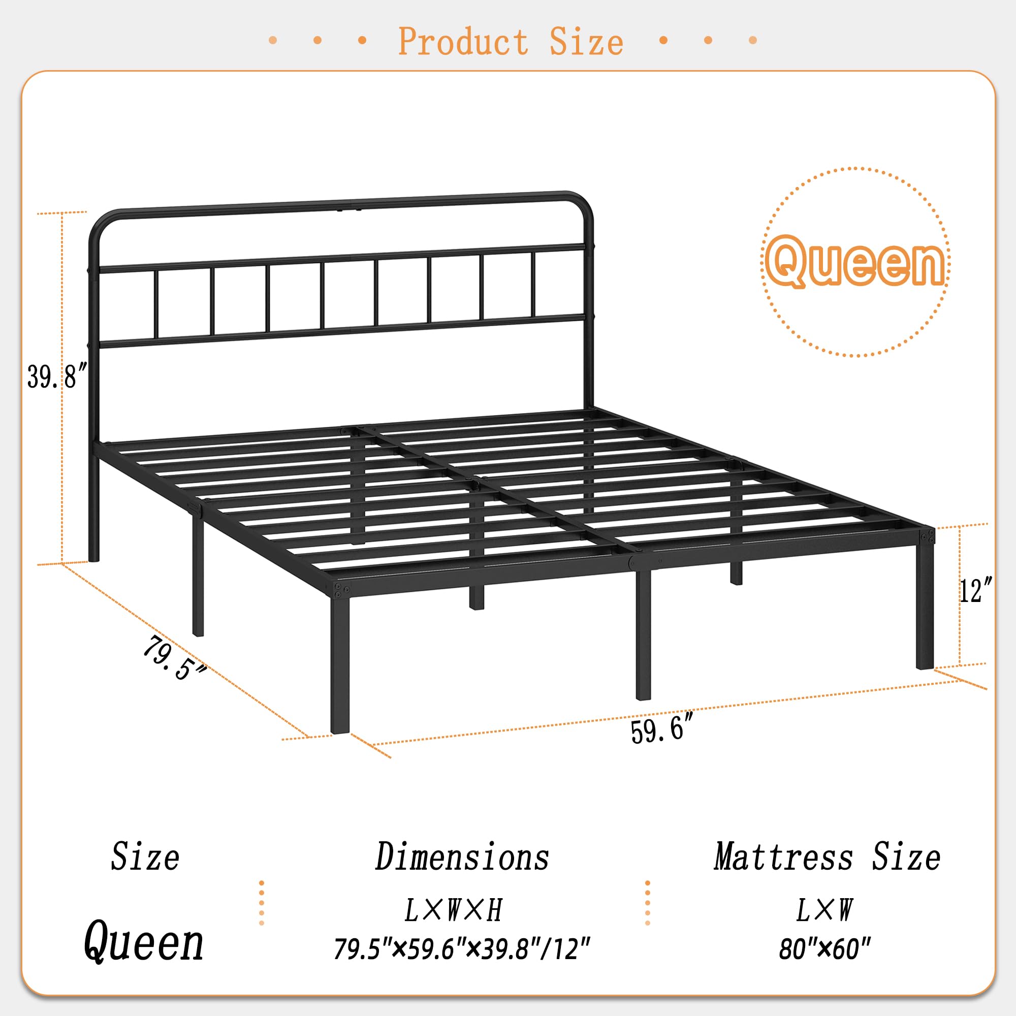 12-Inch Queen Bed Frame with Minimalist Headboard - Black Metal Platform