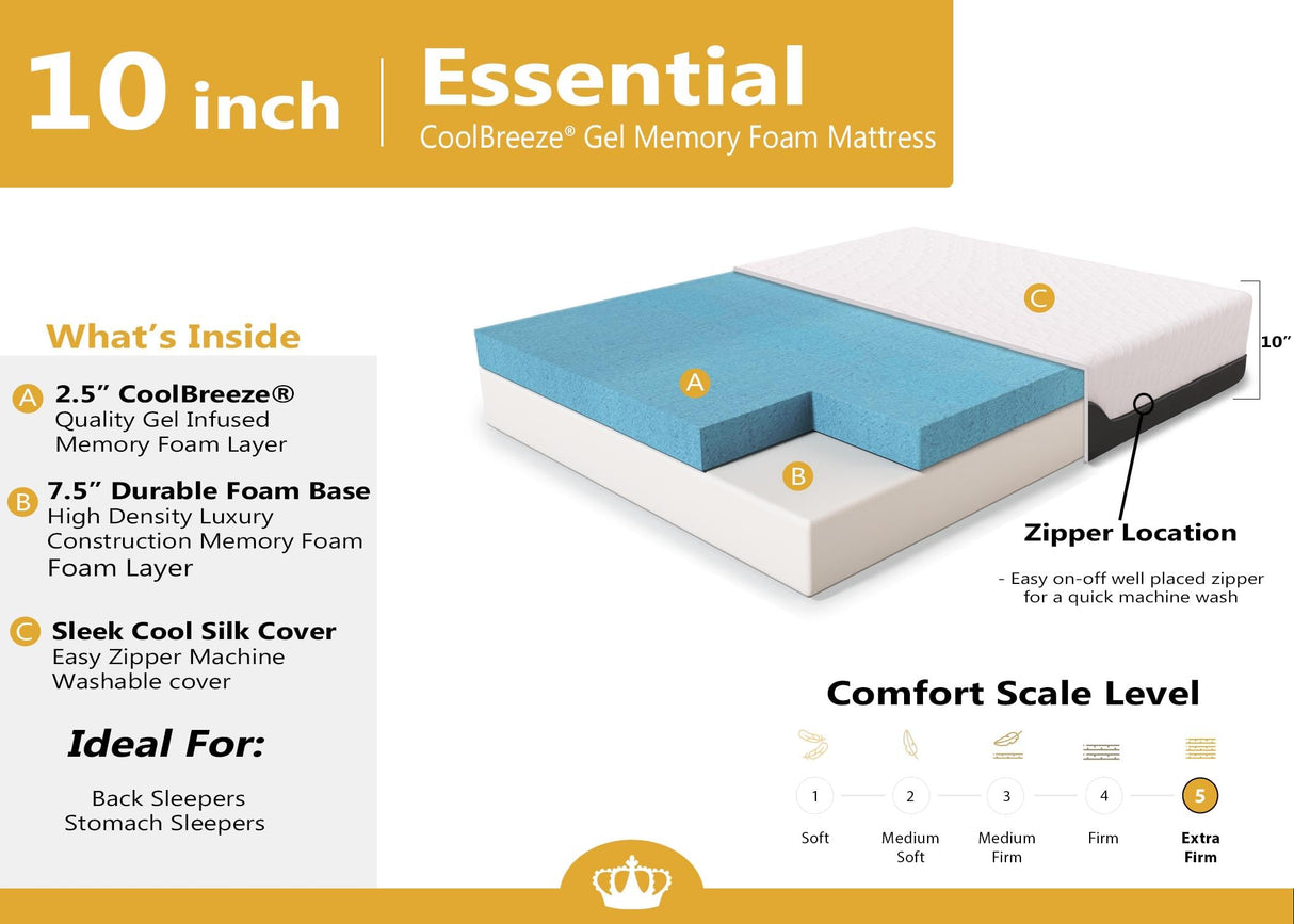 CoolBreeze Essential 10 Inch Queen Size Cooling Gel Memory Foam