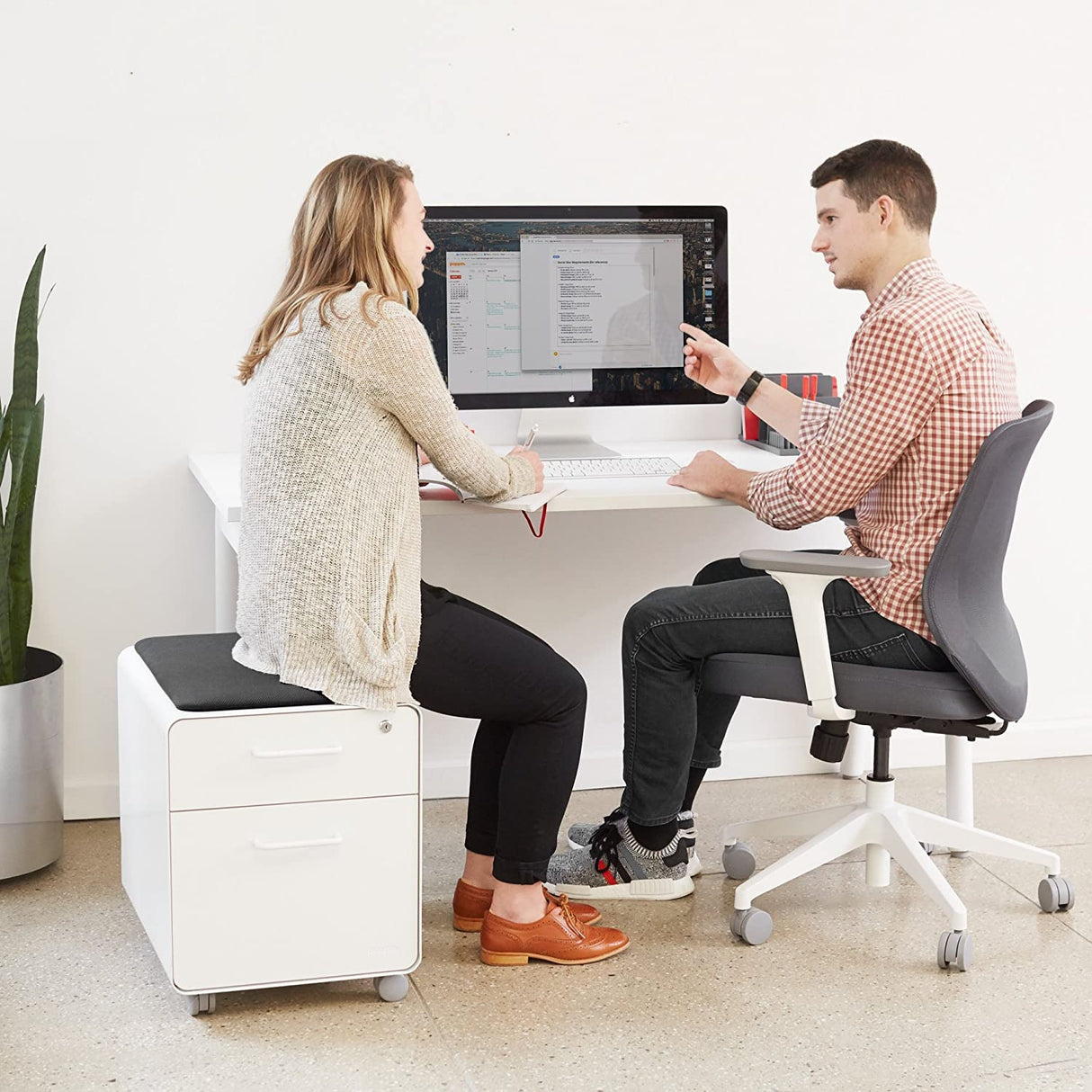 Mobile Mini Sittable Stow Rolling File Cabinet - White with Dark Gray Seat Cushion