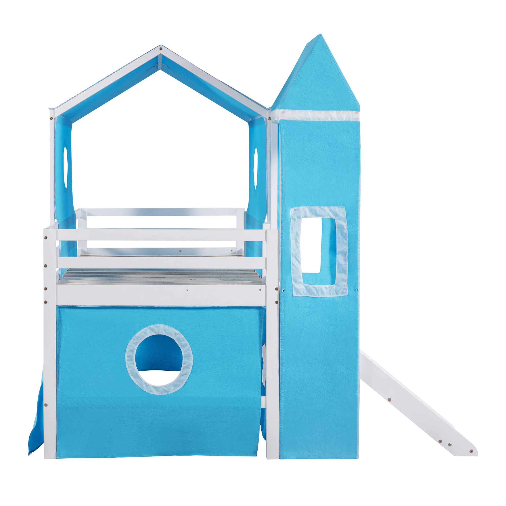 Twin Size Low Loft Bed with Slide & Curtains and Tower, Solid Wood Loft Bed Frame with Tent, Twin Over