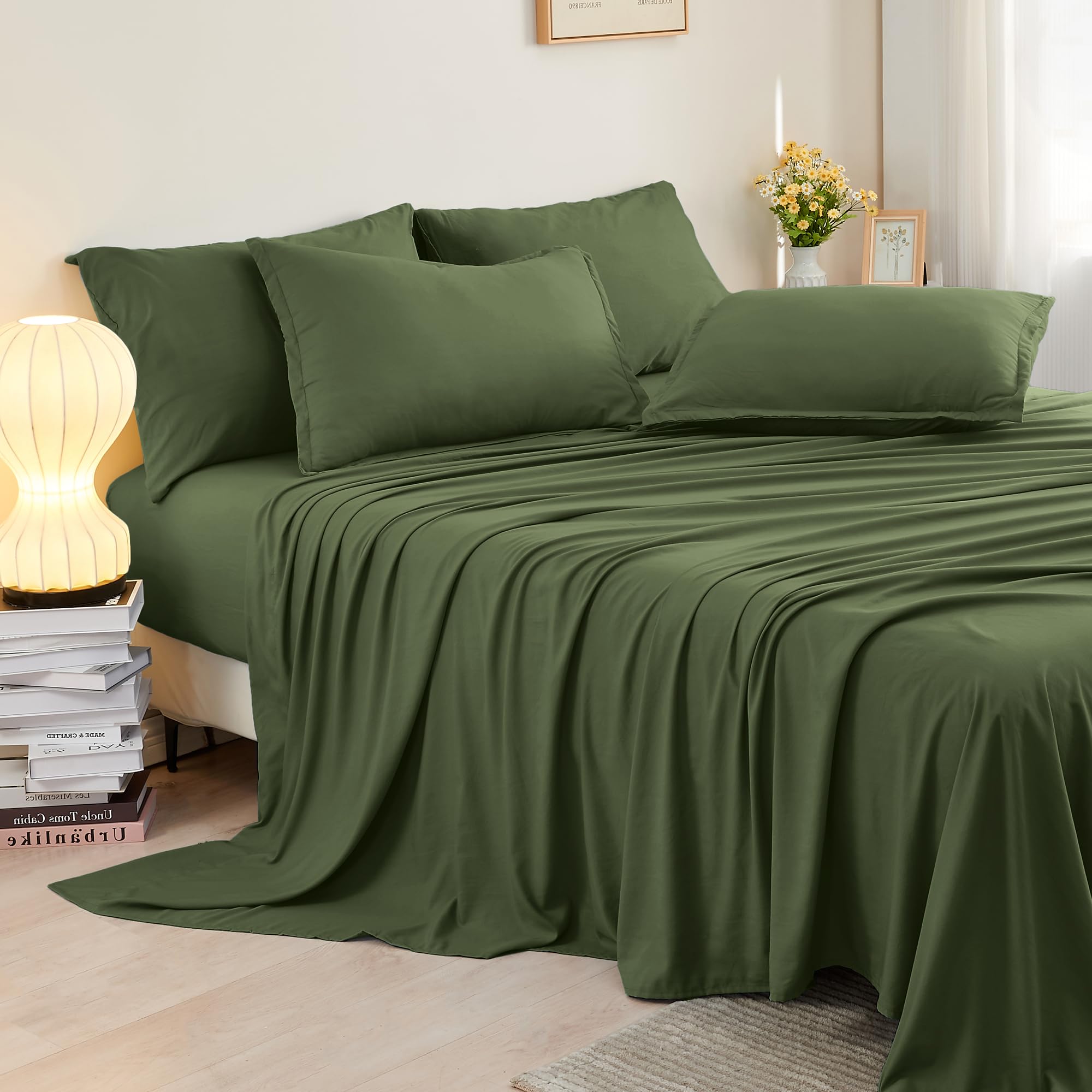 King Size Comforter Set with Sheets Olive Green - 7 Pieces Bed in a Bag King
