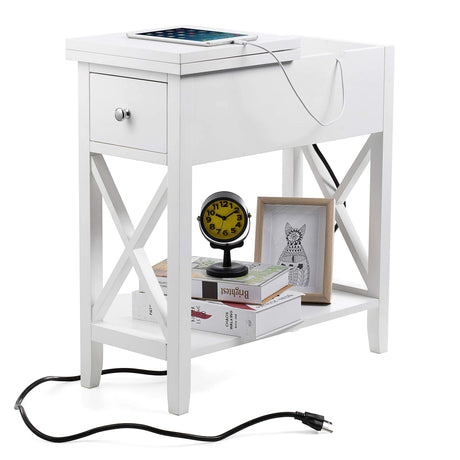 End Table with Charging Station, Narrow Side Table with USB Ports and Outlets