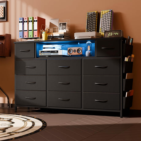 Black Dresser for Bedroom with Power Outlets and LED Lights 11 Drawers Dresser