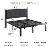 Queen Size Metal Bed Frame with Fabric Button Tufted Headboard, Platform Bed Frame