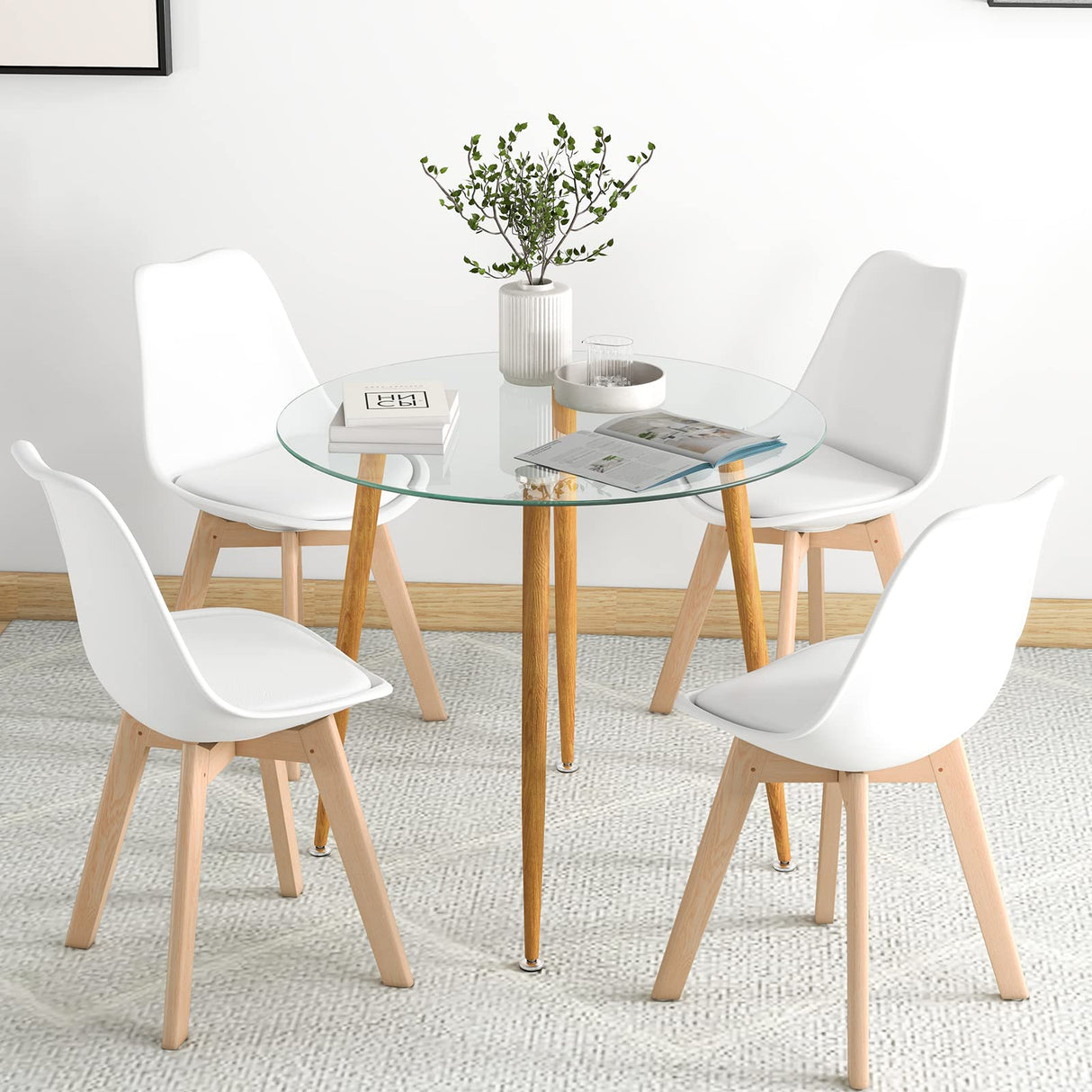 Dining Table Set for 4, Modern 5-Piece Dining Room Set w/ 1 Round Tempered Glass Table