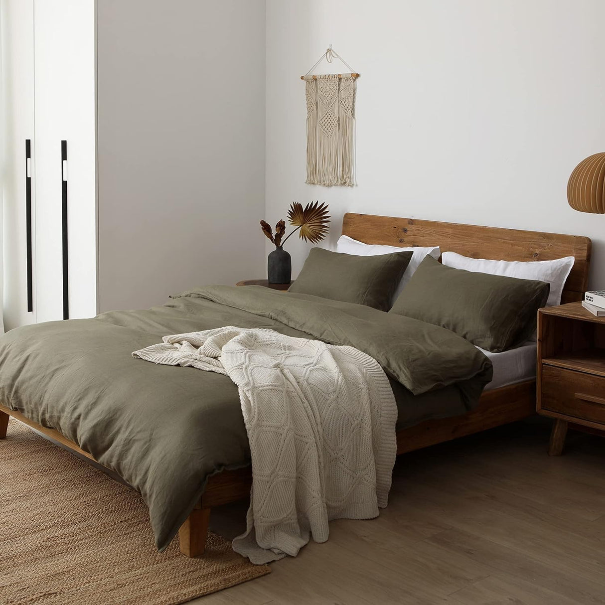 Olive Green 100% Linen Queen Size Bedding Set, Cooling Duvet Cover