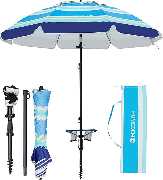7ft Heavy Duty High Wind Beach Umbrella With Foldable Table & Hook