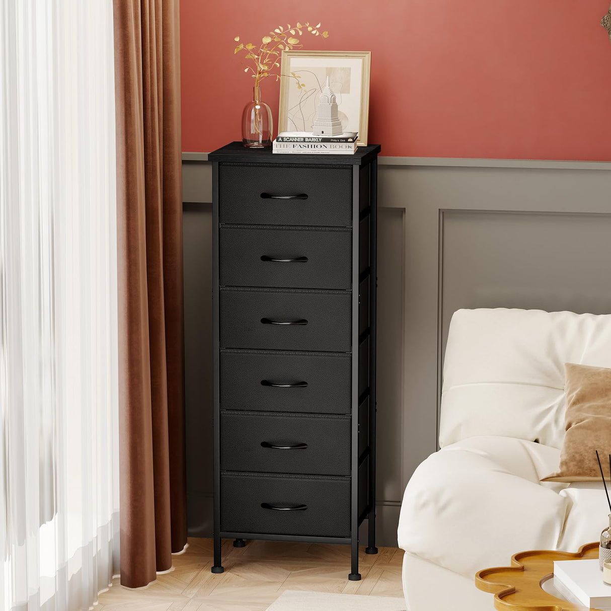 Black Tall Dresser for Bedroom, Storage Dresser Organizer with 6 Fabric Drawers