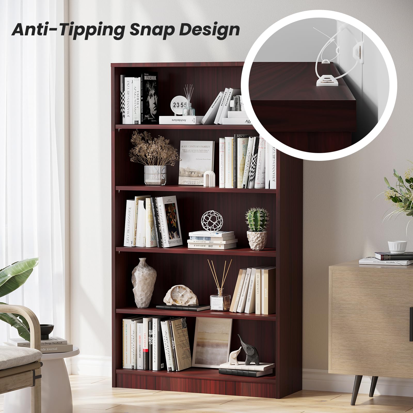 Farini 5 Shelf boockase Display Bookcase Freestanding Wooden Bookshelves for Home Office Living Room,60 Inch Height,Mahogany