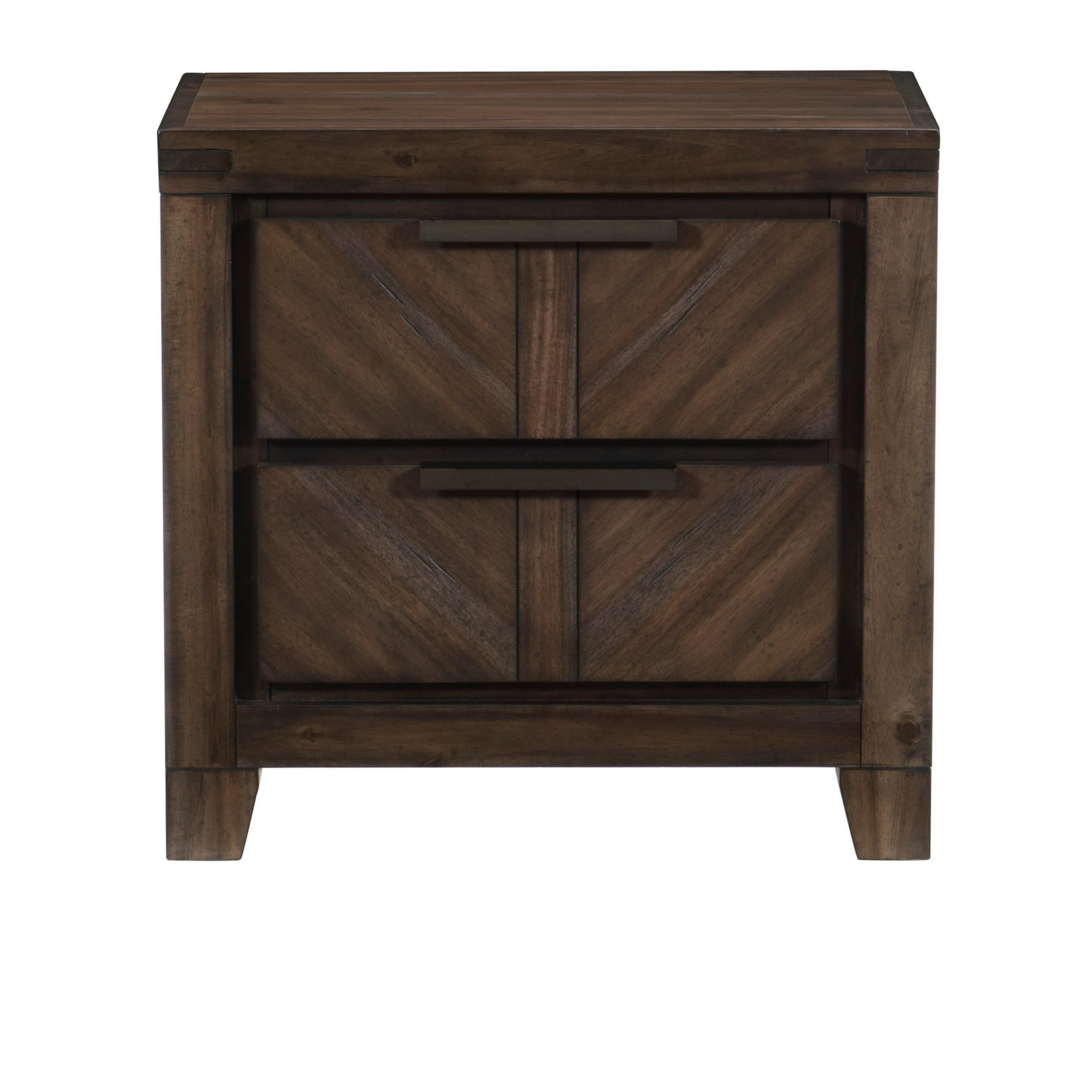 2 Drawer Wooden Nightstand with Antique Handles and Chamfered Feet, Brown
