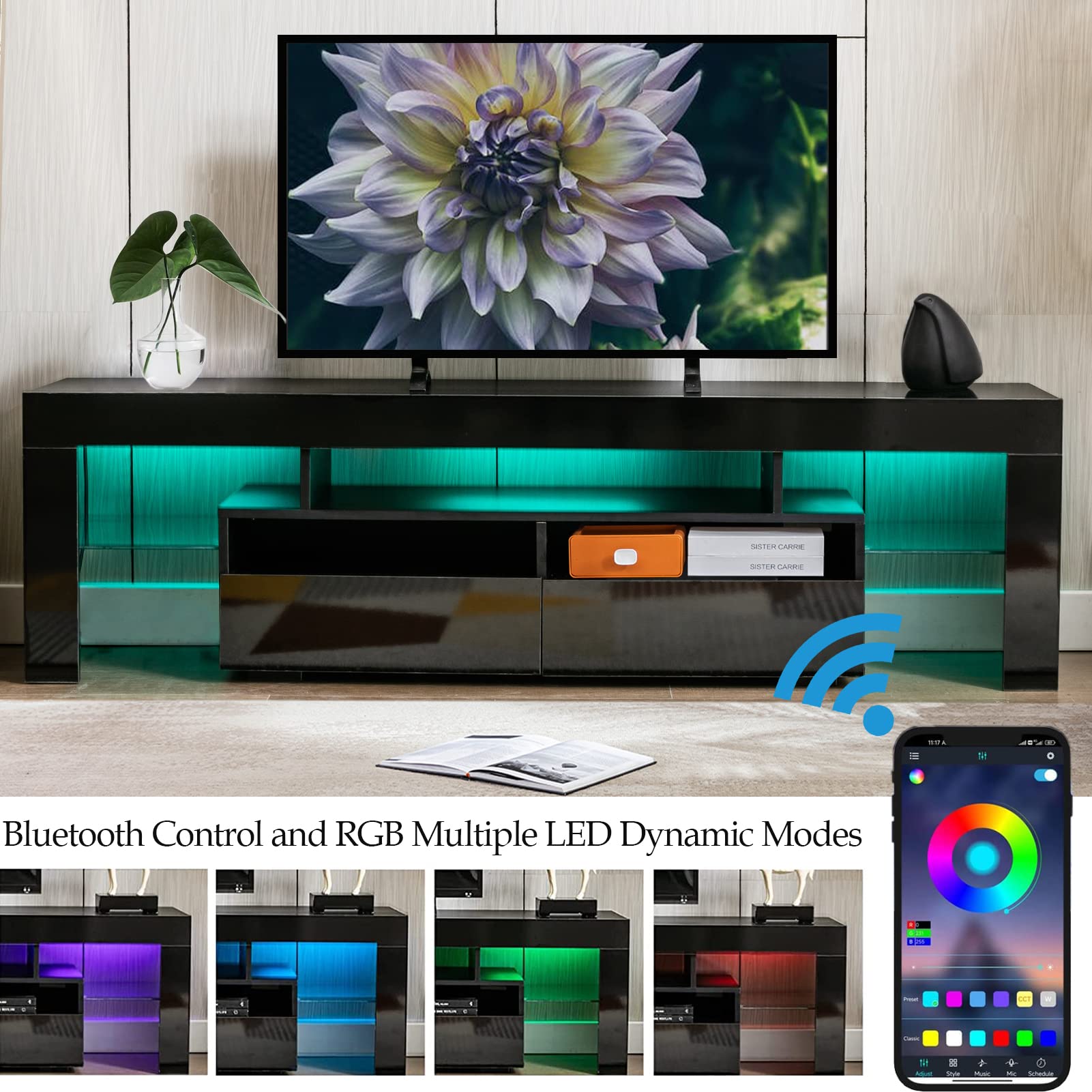 6&Fox LED Black TV Stand Stand for 55/60/65inch TV,Modern Entertainment Center