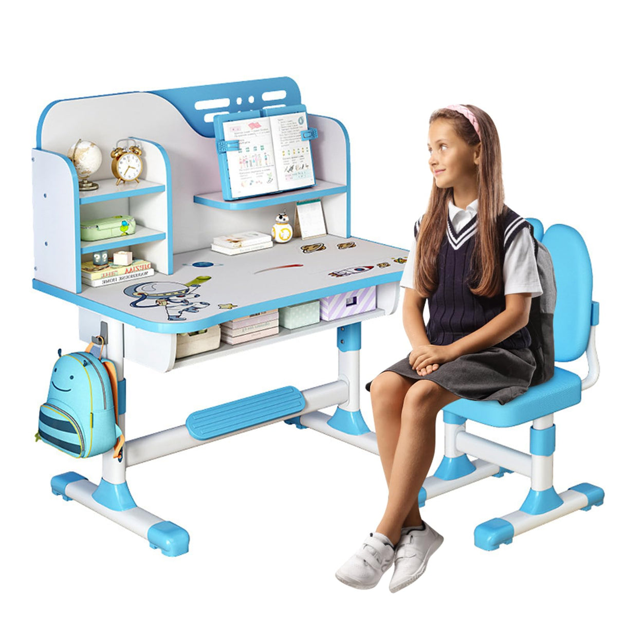 Table and Chair Set, Adjustable Kids Art Desk Child Desk Study Table with Large Writing Board, Bookshelf and Drawer (Blue)