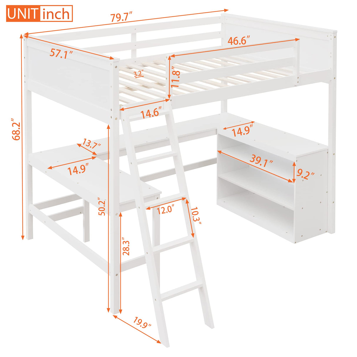 Full Size Loft Bed with Shelves and Desk, Wooden Loftbed Frame with w/Ladder for Kids