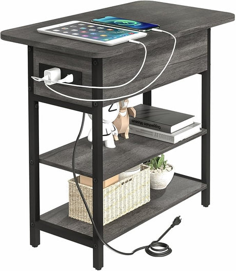 End Table with Charging Station, Flip Top Side Table with USB Ports and Outlets, Sofa Couch Table Bedside Table for Living Room Bedroom, Narrow Nightstand with Storage Shelves for Small Space