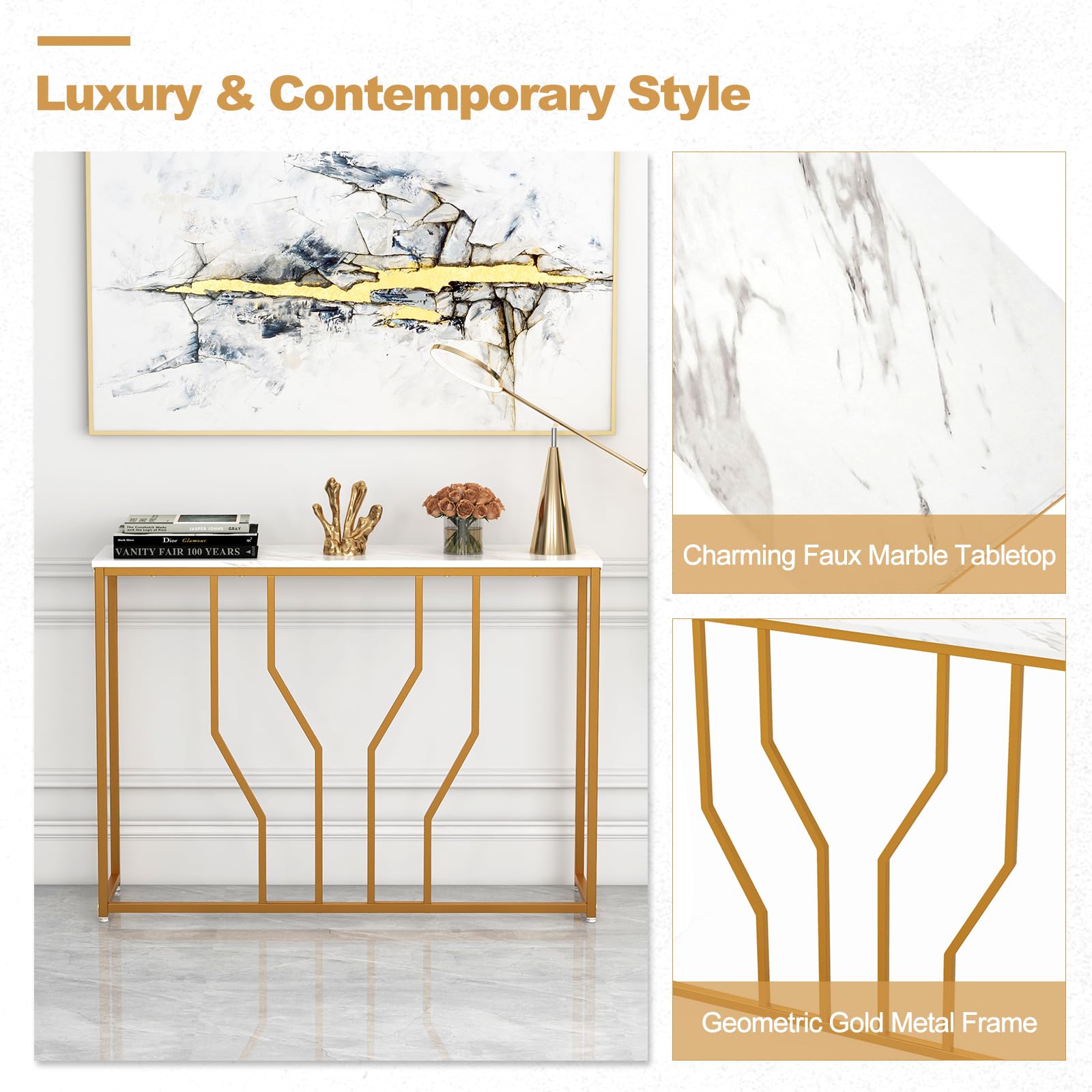Gold Console Table, 44” Modern Narrow Entryway Table with Faux Marble Tabletop