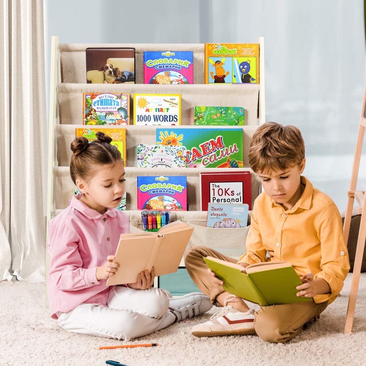 Kids Book Rack with 2 Storage Bins, Wooden Toddler Bookshelf with 4 Sling Shelves