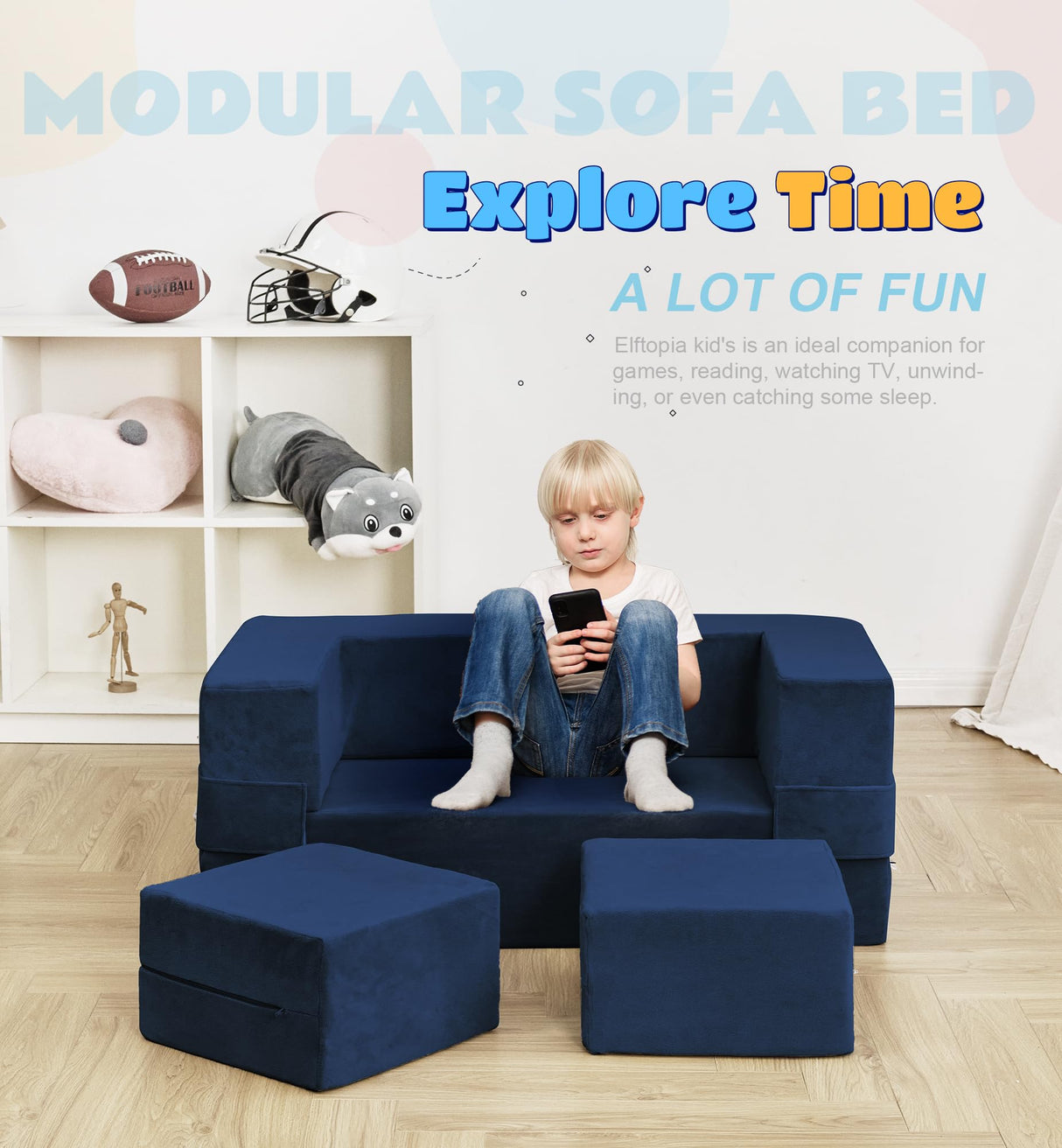 Elftopia Modular Kids Sofa,Toddler Couch Foam Armchair for Kids, Children Convertible Plush Sofa Play Set,Fold Out Sofa Bed(Navy)