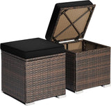2-Pieces Patio Ottoman Set Outdoor Wicker Stool with Storage, Rattan Footrest Ottoman