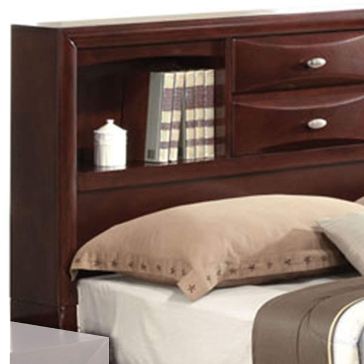 Benjara Panel Design Queen Size Bed with Bookcase and Drawers, Brown