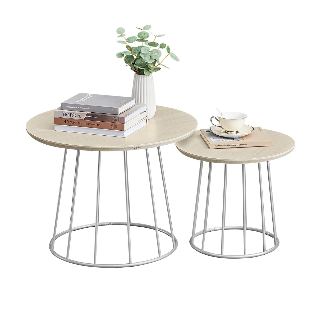 Round Coffee Tables, Set of 2, Modern Circle Side Tables with Steel Frame,