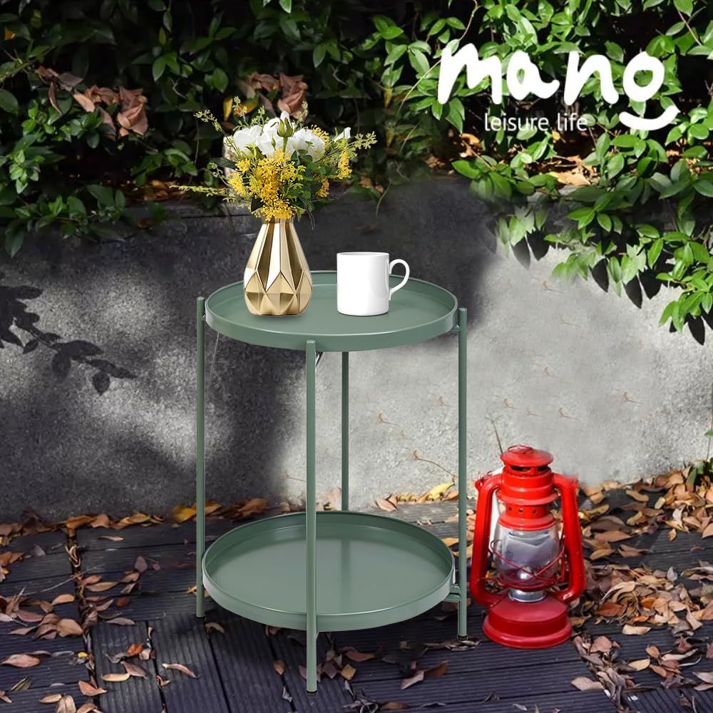 End Table，Folding Round Metal Side Table Waterproof，Round End Table with Removable