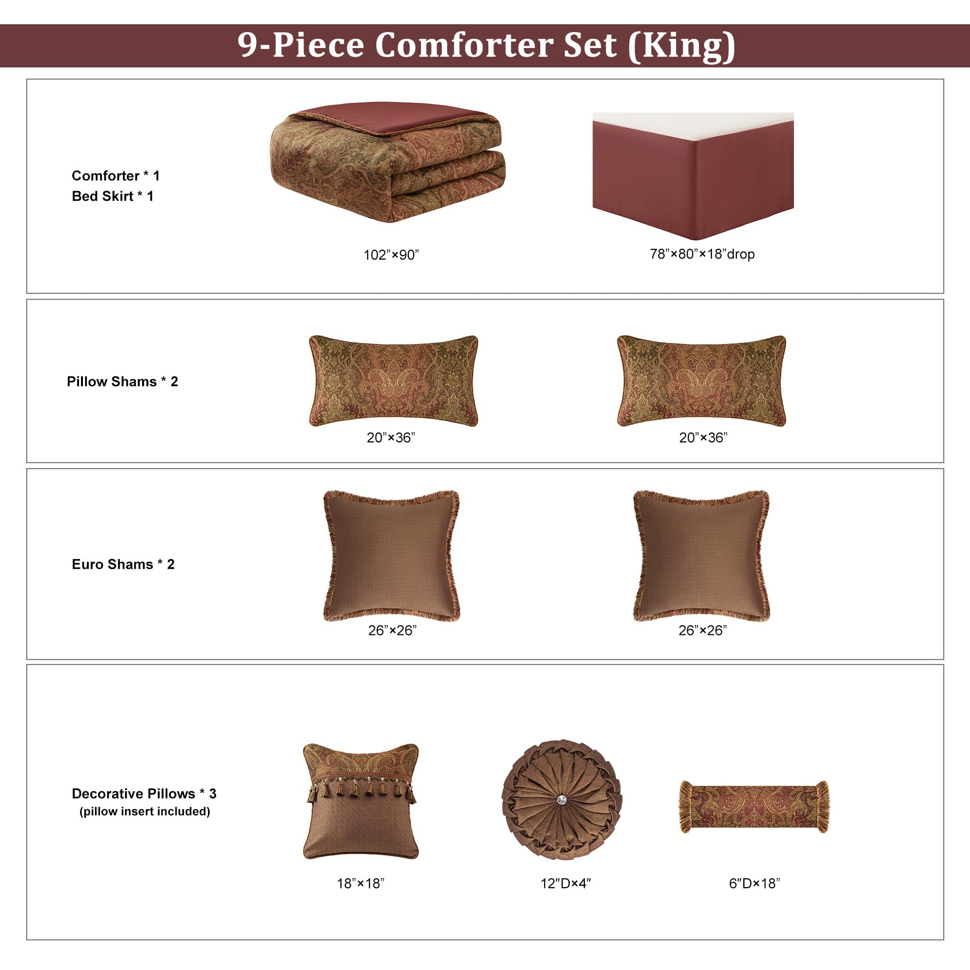 9-Piece Vintage Jacquard Comforter Set - King Size Gradient Red Damask Bedding