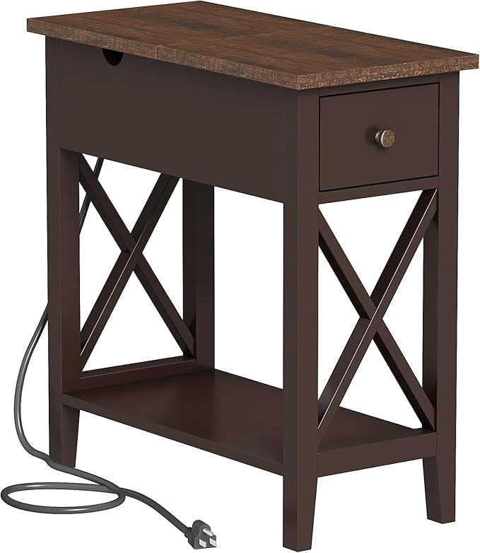 End Table with Charging Station, Narrow Side Table with USB Ports and Outlets