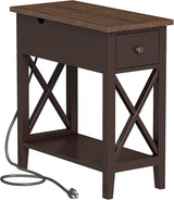 End Table with Charging Station, Narrow Side Table with USB Ports and Outlets