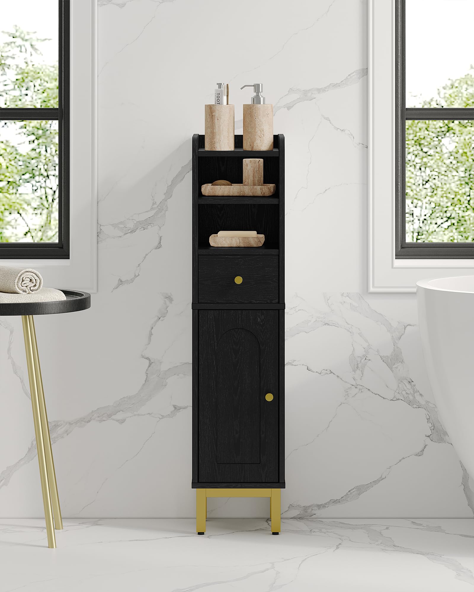 Bathroom Storage Cabinet, Corner Floor Cabinet with Drawers and Doors, Narrow Toilet