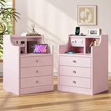 Nightstand with Charging Station,Pink Night Stand with Hutch,Bedside Table with Drawers,