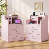 Nightstand with Charging Station,Pink Night Stand with Hutch,Bedside Table with Drawers,