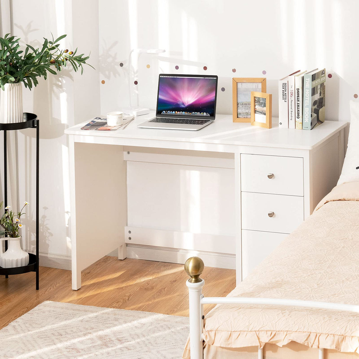 White Desk with Drawers, Modern Home Office Computer Desk