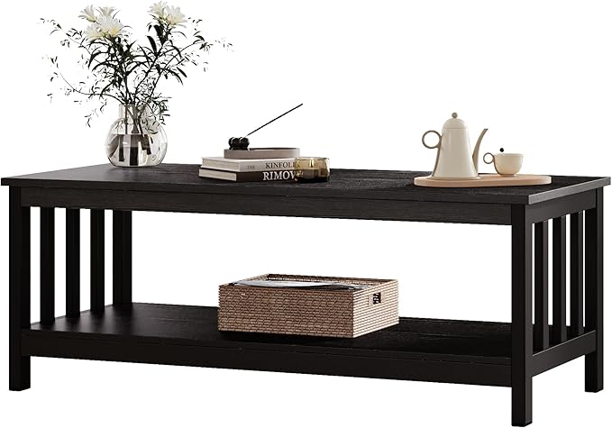 Mission Coffee Table, Black Wood Living Room Table with Shelf, 40 Black