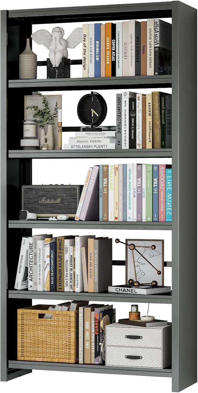 5 Tier Metal Bookshelf, 66" Tall Bookcase, Adjustable Bookshelves and Bookcases