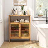 Bamboo Floor Cabinet, Bathroom Storage Cabinet with Double Slatted Doors, Open Shelf,