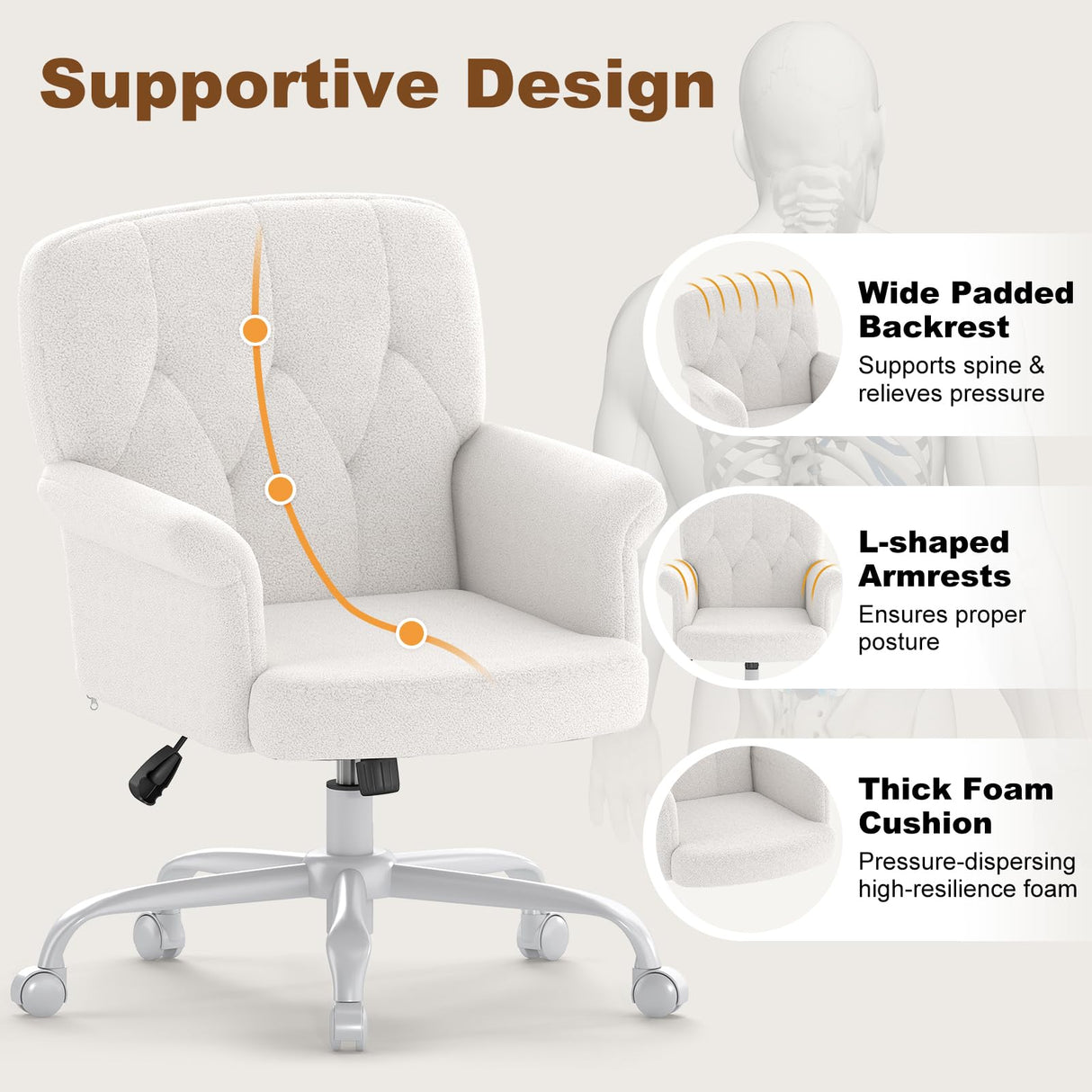 Upholstered Fuzzy Office Chair with Wheels and Arms - White