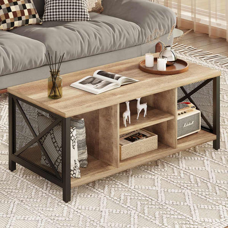 Coffee Table for Living Room, Rustic Wood Center Table with Shelves