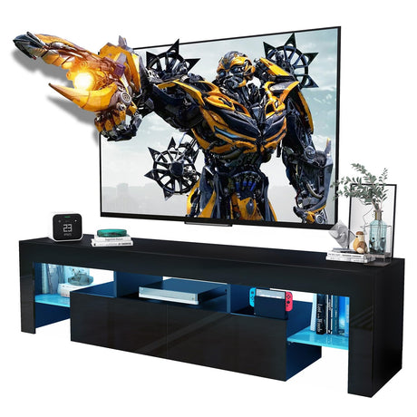 Black TV Stand, 60 65 70 75 inch Wood TV Stand, High Glossy Entertainment Center