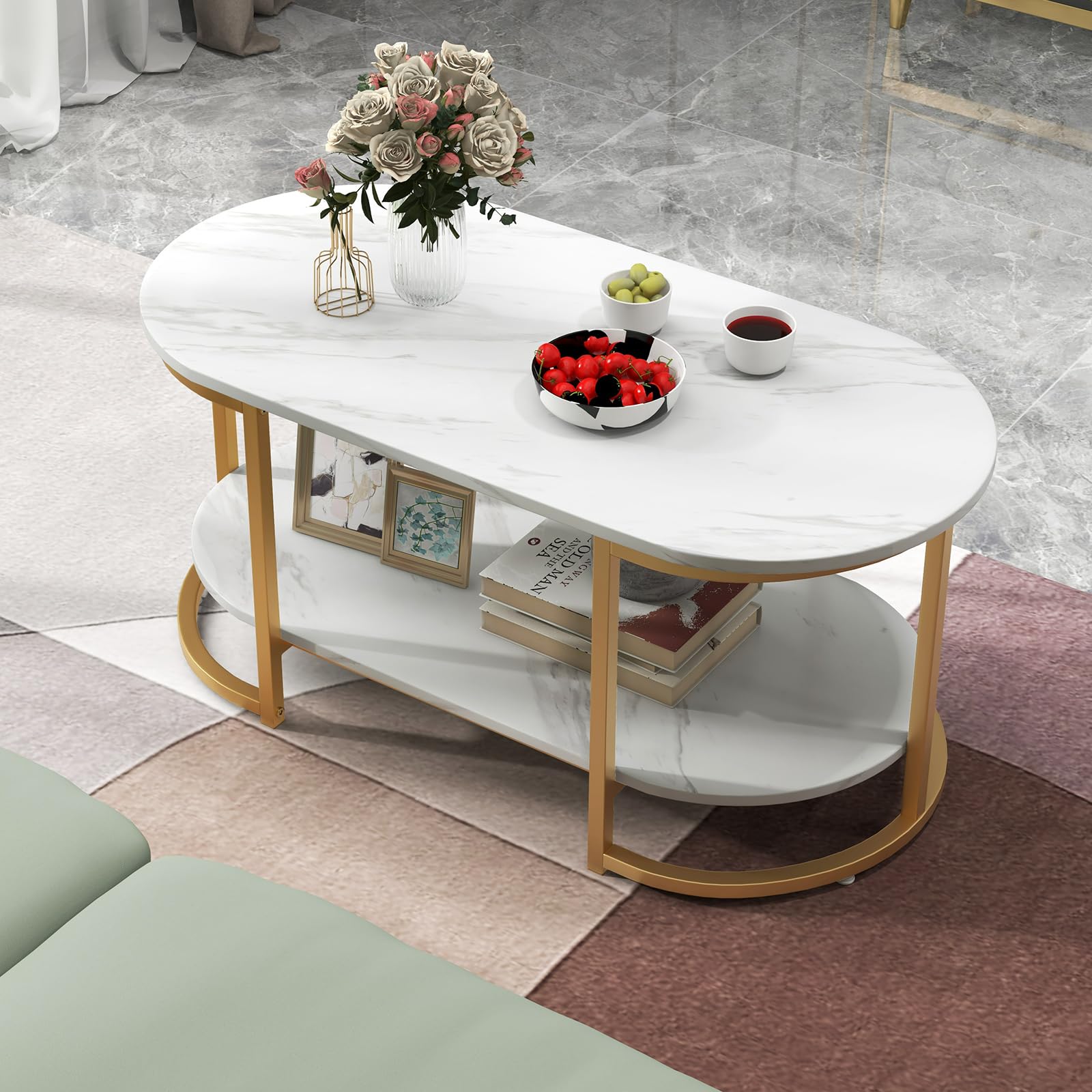 Modern Coffee Table 2 Tier, 39” Oval Coffee Table with Faux Marble